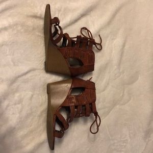 Brown leather lace up wedges
